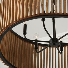 Drum Pendant Light, 6 Lights, Hand-Carved Mango Wood with Matte Black Frame