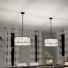 Drum Pendant Light with 4 Lights in Black Steel and White Shade