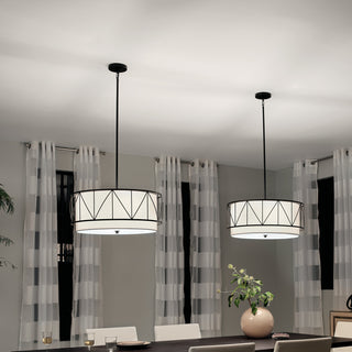 Drum Pendant Light with 4 Lights in Black Steel and White Shade