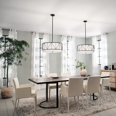 Drum Pendant Light with 4 Lights in Black Steel and White Shade