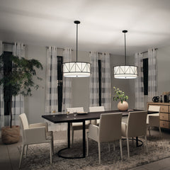 Drum Pendant Light with 4 Lights in Black Steel and White Shade