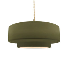 Drum Pendant Light with Ceramic Shade in Matte Green and Brushed Brass