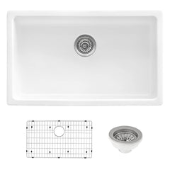 Dual-Mount Fireclay Kitchen Sink, Single Bowl, 30 Inch, Glossy White