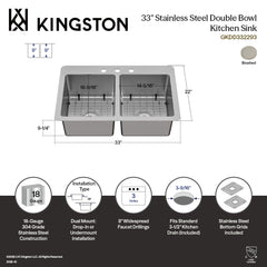 Dual Mount Kitchen Sink, Calgary, Double Bowl in Brushed Stainless Steel