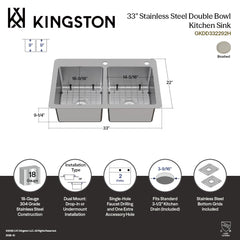 Dual Mount Kitchen Sink, Calgary, Double Bowl in Brushed Stainless Steel