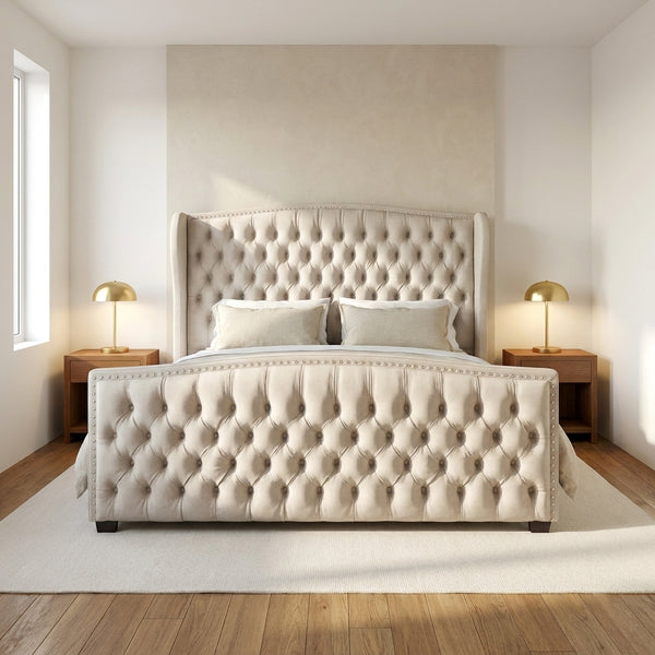 Grevane DuJuan Deep Button Tufted Upholstered Bed with Nailhead Trim Wingback Headboard