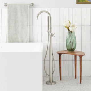 Vassor Floor Mounted Tub Filler Faucet and Valve in Brushed Nickel