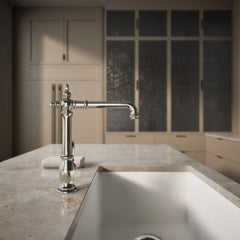 Artifacts Single-Hole Kitchen Sink Faucet with 13-1/2-in Swing Spout, Victorian Spout Design in Vibrant Polished Nickel | product photo