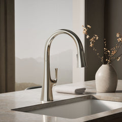 Kohler Graze Pull-Down Single Handle Kitchen Faucet With Three-Function Sprayhead With Accessories in Polished Nickel | product photo