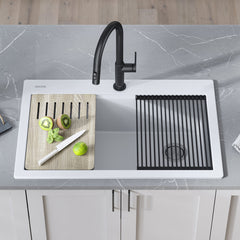 Bellucci Workstation 33 in. Drop In Single Bowl Quartz Composite Kitchen Sink with Accessories in White | product photo