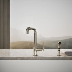 Kohler Purist Two-Hole Kitchen Sink Faucet with 8" Spout and Matching Finish Sidespray in Vibrant Polished Nickel | product photo