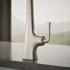 Kohler Graze Kitchen Sink Swing Spout Faucet With Sidespray in Vibrant Stainless | detail photo