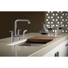 Kohler Purist Two Handle Deck-Mounted Bridge Kitchen Sink Faucet with Pull Out Side Sprayer in Polished Chrome | product photo