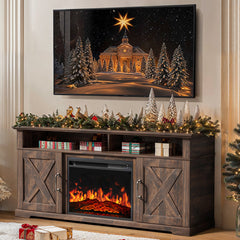Electric Fireplace TV Stand, 56.3 in Wide, Brown Manufactured Wood