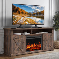 Electric Fireplace TV Stand, 56.3 in Wide, Brown Manufactured Wood