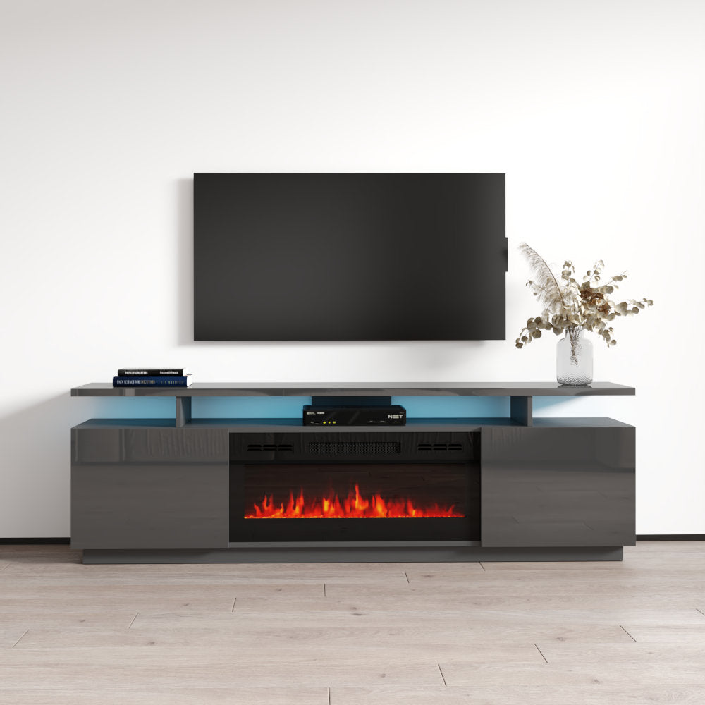 Electric Fireplace TV Stand, 71 in Wide, Gray High Gloss Manufactured Wood