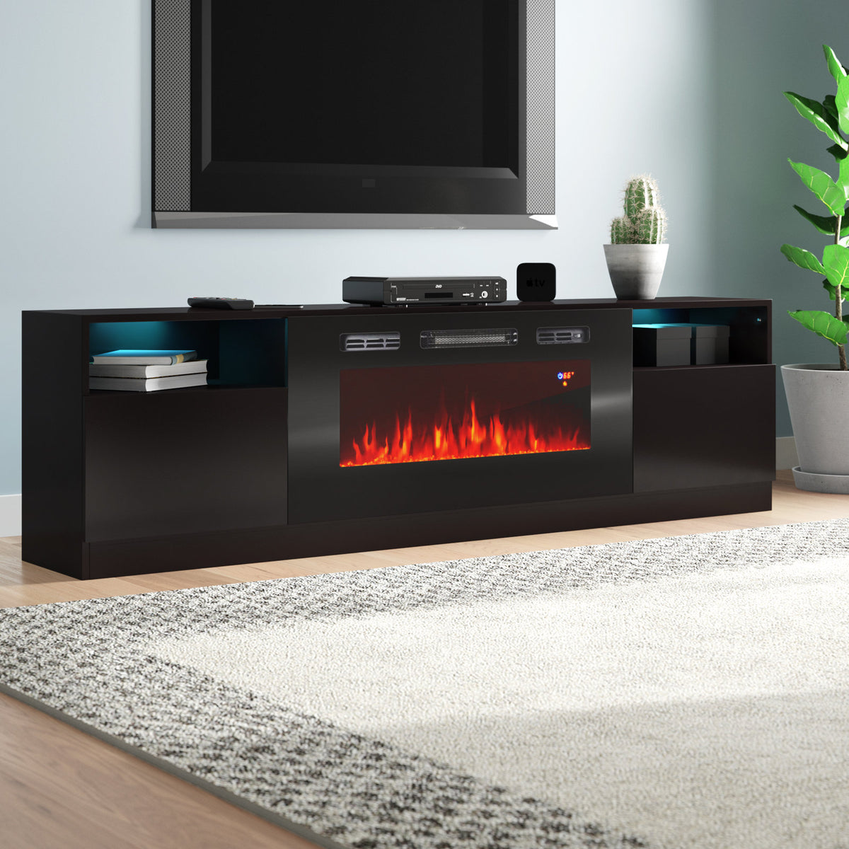 Electric Fireplace TV Stand, 78.7 in Wide, Black Manufactured Wood