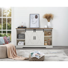 Electric Fireplace TV Stand, Engineered Wood, 59 Inch Wide, Barn Doors