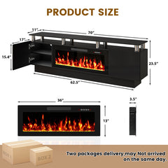 Electric Fireplace TV Stand with Mirrored Doors, Black and Silver