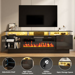 Electric Fireplace TV Stand with Mirrored Doors, Black and Silver