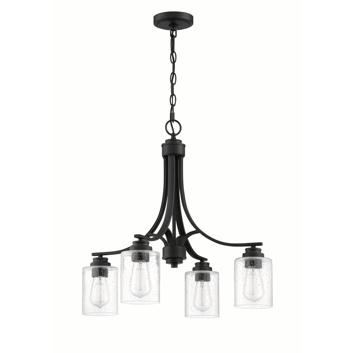 Empire Chandelier, 4 Lights, Flat Black Steel with Clear Seeded Glass Shades