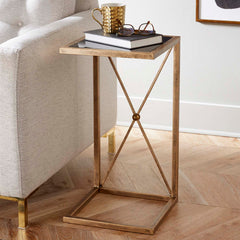 End Table, 13 in Square, Black Glass Top with Gold Metal Base