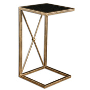 End Table, 13 in Square, Black Glass Top with Gold Metal Base