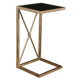 End Table, 13 in Square, Black Glass Top with Gold Metal Base
