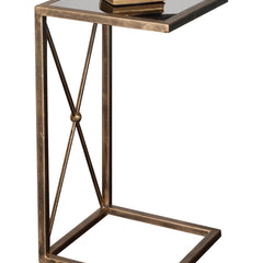 End Table, 13 in Square, Black Glass Top with Gold Metal Base