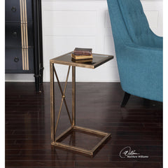End Table, 13 in Square, Black Glass Top with Gold Metal Base