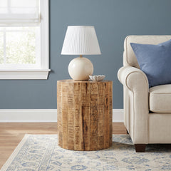 End Table, 16 in Round Drum, Solid Wood, Natural