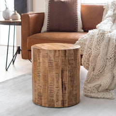End Table, 16 in Round Drum, Solid Wood, Natural