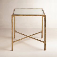 End Table, 18 in Square, Clear Glass Top with Brass Iron Base