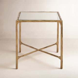 End Table, 18 in Square, Clear Glass Top with Brass Iron Base