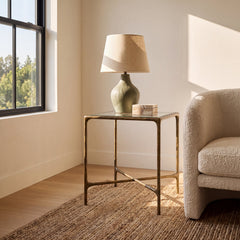 End Table, 18 in Square, Clear Glass Top with Brass Iron Base