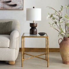 End Table, 18 in Square, Clear Glass Top with Brass Iron Base