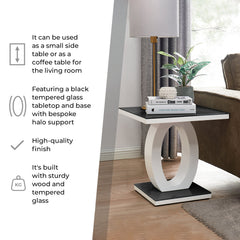 End Table, 19.69-Inch Square, Black with Glass Top and Pedestal Base