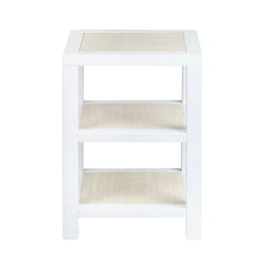 End Table, 2 Shelves, White Solid Wood with Raffia Accents