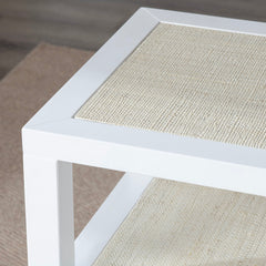 End Table, 2 Shelves, White Solid Wood with Raffia Accents
