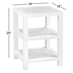 End Table, 2 Shelves, White Solid Wood with Raffia Accents