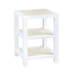 End Table, 2 Shelves, White Solid Wood with Raffia Accents