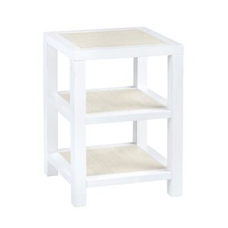End Table, 2 Shelves, White Solid Wood with Raffia Accents
