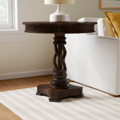 End Table, 30 in Round, Solid Mango Wood in Dark Brown