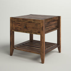 End Table in Solid Acacia Wood with Drawer and Shelf, Brown