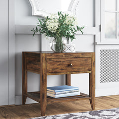 End Table in Solid Acacia Wood with Drawer and Shelf, Brown
