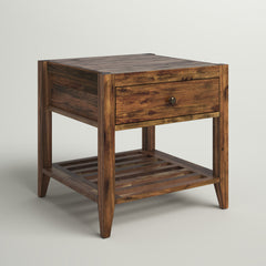 End Table in Solid Acacia Wood with Drawer and Shelf, Brown