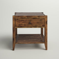 End Table in Solid Acacia Wood with Drawer and Shelf, Brown