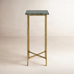 End Table, Marble Top in Green with Distressed Gold Iron Base