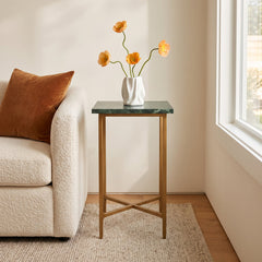 End Table, Marble Top in Green with Distressed Gold Iron Base