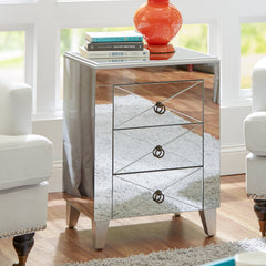 End Table, Mirrored Glass and Manufactured Wood with Three Drawers in Gray